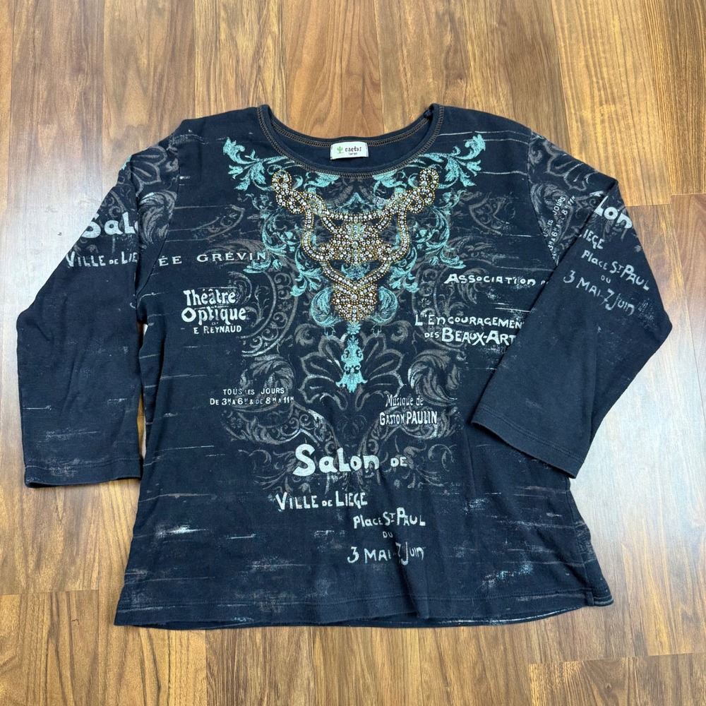 Cactus Womens Graphic T-Shirt Black 3/4 Sleeve Rhinestone Y2K Aesthetic Large